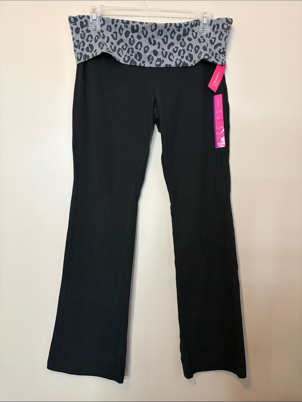 Y2K Xhilaration Black Flare leggings with Gray Leopard Fold-Over Waistband
